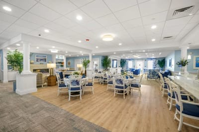 Bright, spacious common area with seating and decor
