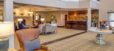 Bright interior of a senior living facility lobby