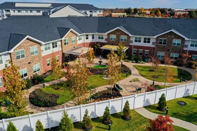 Aerial view of a landscaped courtyard area with buildings
