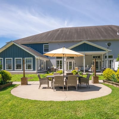 Outdoor patio area with seating at The Village at Bellevue