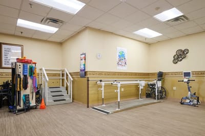 Interior of a therapy room with exercise equipment