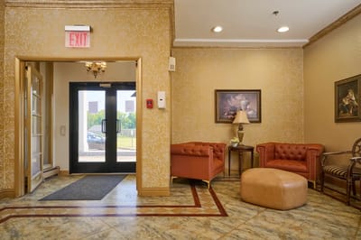 Interior view of a warm and welcoming lobby area