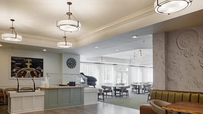 Interior view of a common dining area with seating