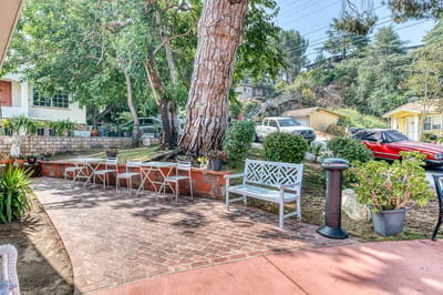 Outdoor seating area with chairs near a large tree