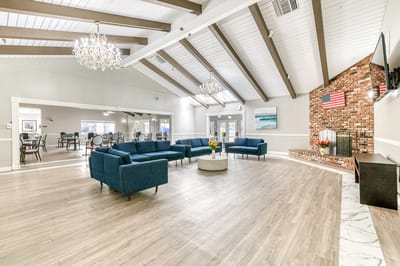 Interior lounge area with seating and decorations