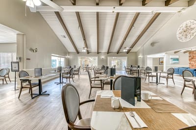 Bright dining room setup with tables and chairs