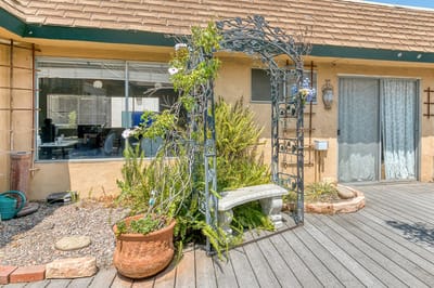 Outdoor garden with decorative arch and bench