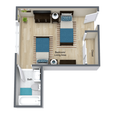 Floor plan of a bedroom and living area layout