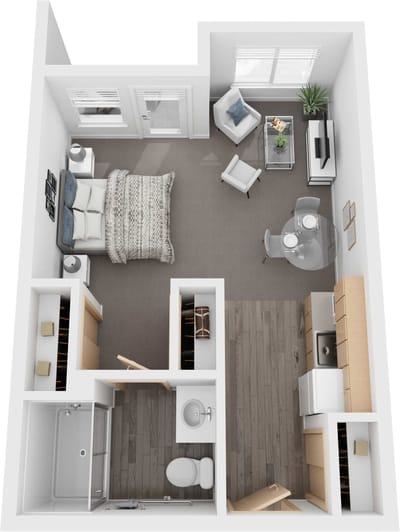 A layout of a cozy resident room with furniture