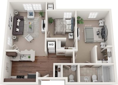 Floor plan layout of a resident unit with two bedrooms
