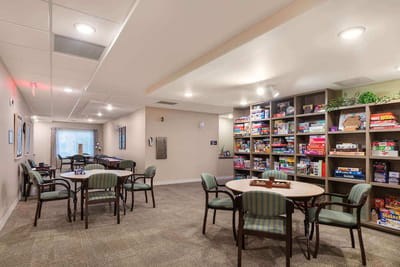 Interior view of a common area with game tables