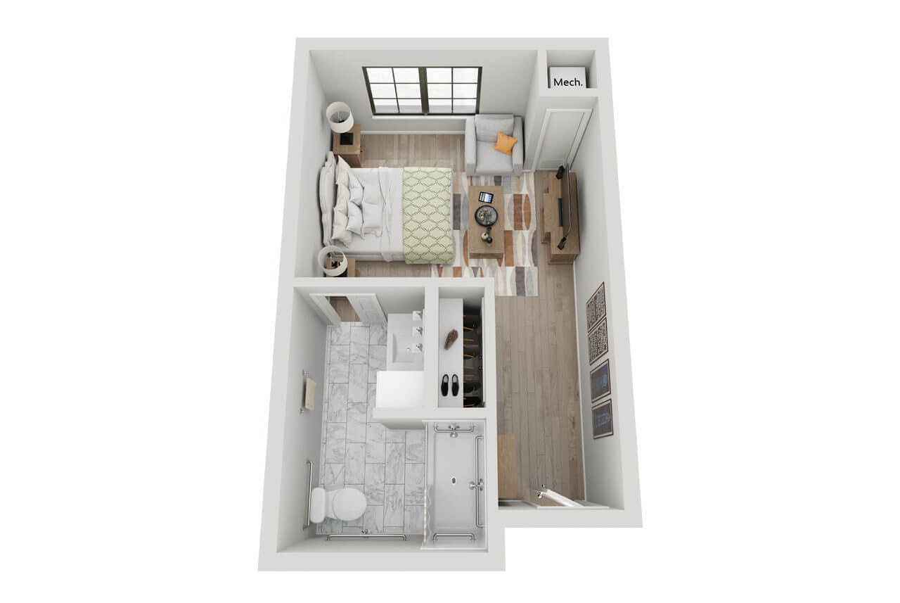Architectural floor plan of a resident room layout