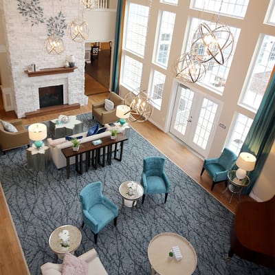 Bright, open common area with seating and decor