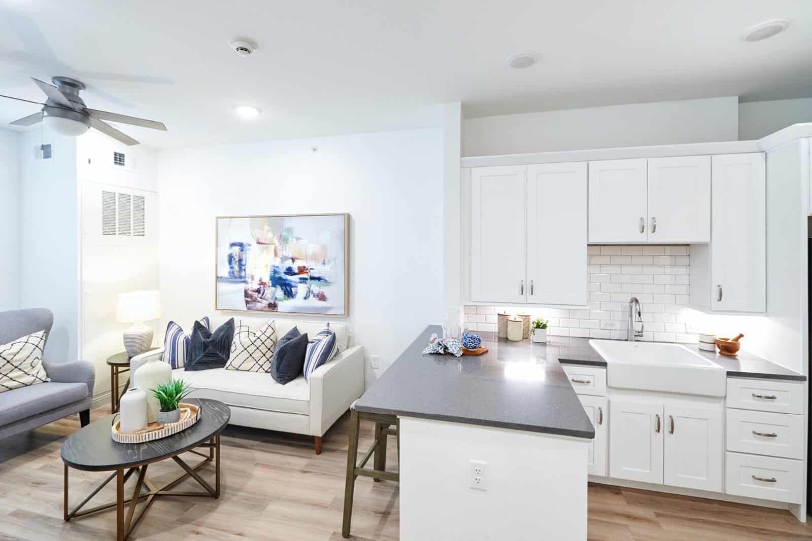 Bright interior of a cozy common area with seating