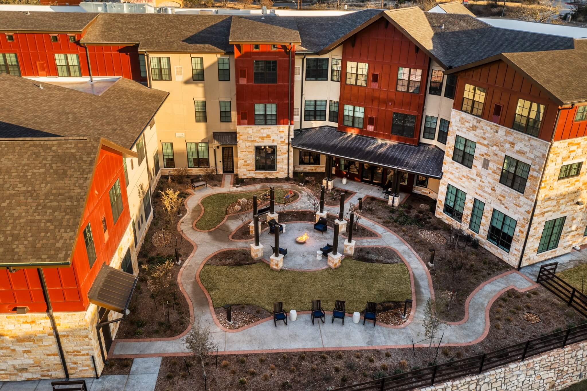 Aerial view of the facility's outdoor spaces and building