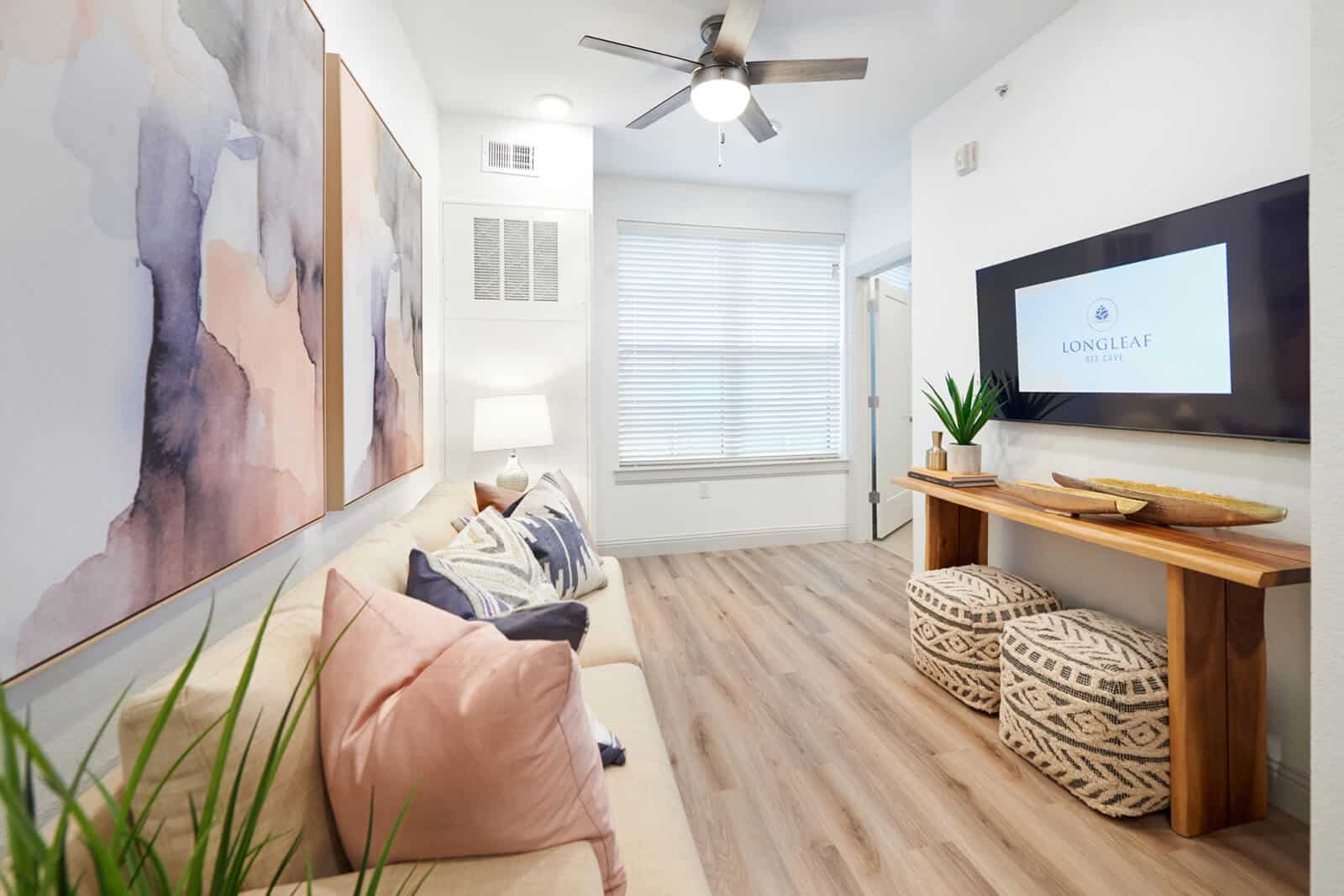 Bright common area with modern decor and seating