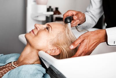 Resident receiving a hair wash during a spa treatment