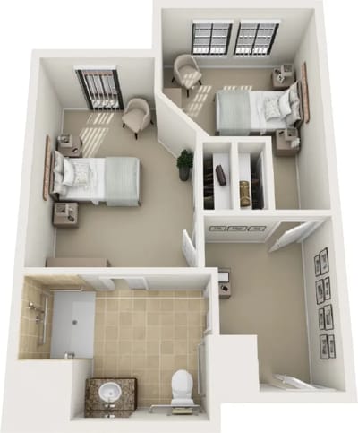 Architectural floor plan of a resident room layout