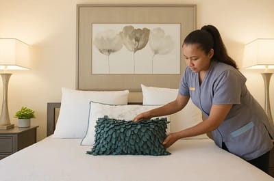 Staff member arranging a pillow on a neatly made bed