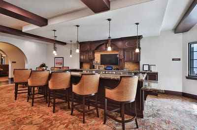 Bright interior common area with a bar counter
