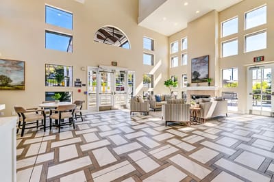Bright and spacious interior common area with seating