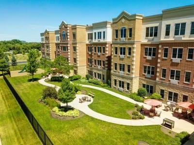 Aerial view of a well-maintained outdoor space with building