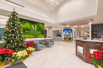 Bright interior lobby decorated for the holidays