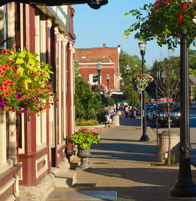 Charming street view with flower baskets and lampposts