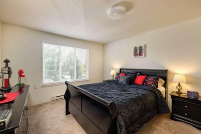 A cozy bedroom with a large bed and decorative elements