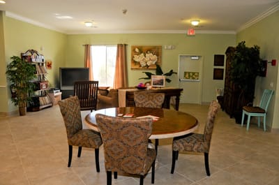 Bright common area with seating and decor