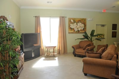 Bright interior common area with seating
