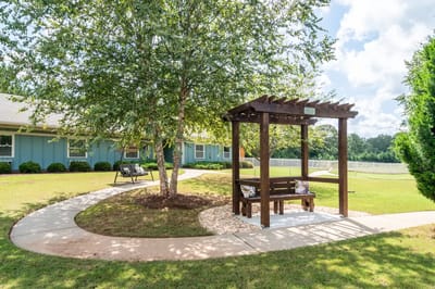 Outdoor seating area surrounded by greenery