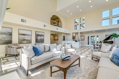 Bright and spacious common area with modern furniture