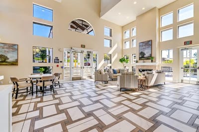 Bright and spacious interior lobby area with seating