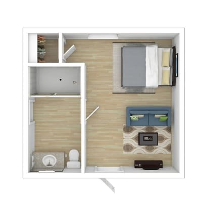 Top-down view of a private resident room layout