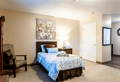 Bright interior of a private resident room with decor