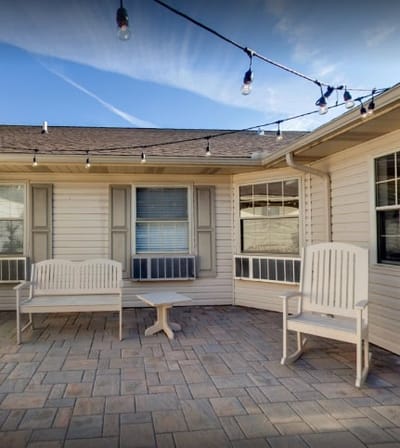 Outdoor seating area with string lights