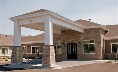 Exterior view of Sunridge Assisted Living building entrance