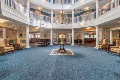 Bright interior view of a common area with seating