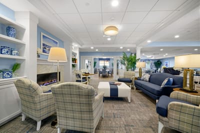 Bright common area with comfortable seating and decor