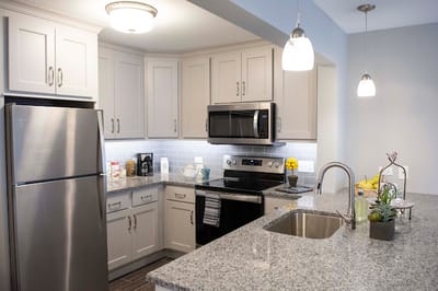 Modern kitchen in an assisted living facility apartment
