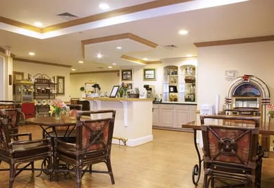 Bright dining area with tables and decor
