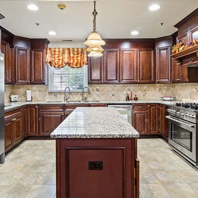 Bright kitchen with wooden cabinets and island