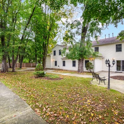 Outdoor area with trees and seating