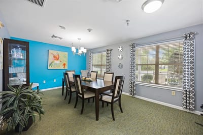 Dining area with a large table and colorful decor