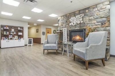 Warm and inviting interior lounge area with fireplace