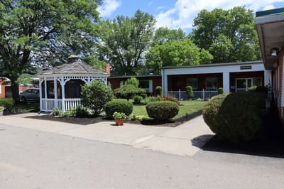Scenic view of a garden area with gazebo