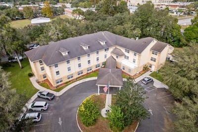 Aerial view of Highland Place building and parking area