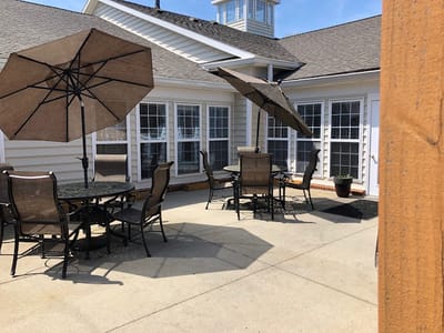 Outdoor seating area with umbrellas and tables