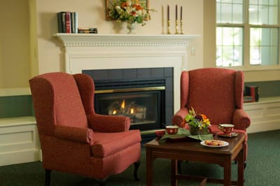 Cozy seating area with a fireplace and tea set